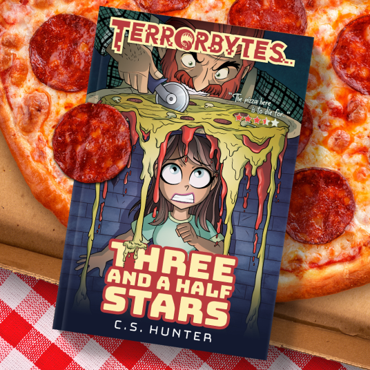 The cover of the book engorged in pizza
